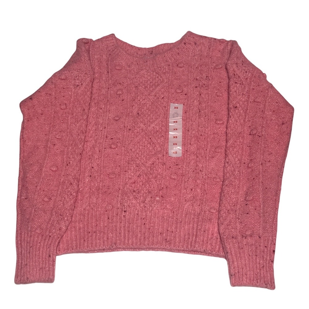 Women's XS Pink Textured Cable Knit Sweater with Pom Pom Details